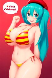 ai_generated catalan catalan_girl catalan_miku catalonia catalonia_bikini catalonia_flag catalonia_flag_bikini closed_fist cute excited excited_female female happy hatsune_miku huge_breasts looking_at_viewer nationalism patriotism raised_arm raised_fist senyera spanish_text speech_bubble tetillas tetillas_(artist) text text_bubble thick_thighs