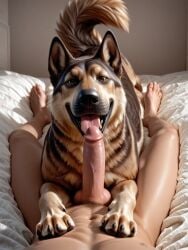 1boy ai_generated balls bestiality canine director_yiffy dog domestic_dog erection feral german_shepherd indoors looking_at_viewer male male_on_feral nude on_bed open_mouth oral penis pov tongue zoophilia