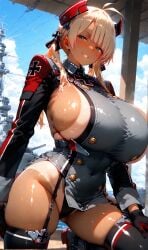 1girls ai_generated ass azur_lane blonde_female blonde_hair breasts bsworks cosplay curvy dark_skin female gigantic_breasts green_eyes original original_character panties prinz_eugen_(azur_lane) sayoko_(bsworks) ship tanned warship