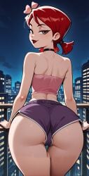 against_railing ai_generated ass bare_shoulders black_choker brown_eyes building cameltoe choker dolphin_shorts female flower from_behind hair_flower hair_ornament lipstick looking_at_viewer looking_back makeup night outdoors patreon_username purple_shorts railing red_hair red_lips short_hair short_shorts short_twintails shorts sky solo strapless thigh_gap thighs total_drama:_revenge_of_the_island total_drama_island tube_top twintails zoey_(tdi)
