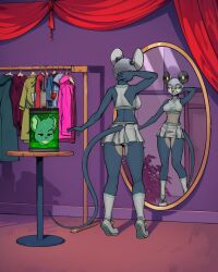 absurd_res aged_up alcohol alcohol_bottle anthro beverage blue_eyes cheerleader_outfit clothes_hanger container cup curtains diacordst dressing_room_(disambiguation) drinking_glass female furniture glass glass_container glass_cup grey_body hi_res jar lori_meyers mammal mirror mouse murid murine night_in_the_woods nightclub prosthetic prosthetic_limb reflection robotic_head rodent severed_body_part severed_head solo table wine_bottle wine_glass