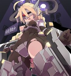 ahoge blazblue blonde_hair bodysuit braid breasts female infraton lambda-11 mecha_musume red_eyes single_braid solo thighhighs torn_clothes very_long_hair