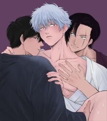 3boys black_hair blush facial_scar gay gintama gintoki_sakata gngntnk hair_slicked_back hijikata_toshiro implied_sex kimono looking_at_viewer male male_only mmm_threesome nakamura_kyoujurou no_visible_genitalia scar scar_across_eye sweat white_hair yaoi