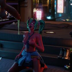 3d 3d_(artwork) absurd_res big_penis blender demon demon_girl dripping_cum epic_games fortnite fortnite:_battle_royale green_hair groping groping_breasts highres huge_cock looking_at_penis looking_up nemia_(fortnite) on_knees partially_clothed purple_eyes red_skin saliva saliva_string squidlab tounge_out