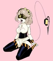 cum cum_drip cum_in_mouth cum_on_breasts female female_only kneeling kneeling_oral_position metal_breasts metallic_body metallic_hair murder_drones robot thighs thighs_together