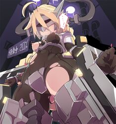 ahoge blazblue blonde_hair bodysuit braid breasts female infraton lambda-11 mecha_musume red_eyes single_braid solo thighhighs torn_clothes very_long_hair