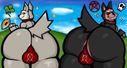 2d_animation animated anthro ass big_butt black_body black_fur bulge canid canine canis clothing collar creepypasta domestic_dog duo english_text fur gayguyfella headpat huge_butt husky looking_at_viewer looking_back male male/male mammal nordic_sled_dog petting presenting presenting_hindquarters shaking_butt short_playtime simple_background smile smile.dog spitz tail text thick_thighs underwear
