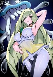 1girls armpits big_breasts blonde_hair breasts clothing creature dress female female_focus game_freak green_eyes hair hand_behind_head hand_on_hip hips huge_breasts jrpuls3 leggings legs long_hair lusamine_(pokemon) mature mature_female milf mother nihilego pokemon pokemon_(species) pokemon_sm pose posing short_dress smile solo solo_focus ultra_beast white_dress wide_hips