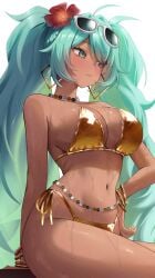 1girls ahoge bikini blush bracelet brazilian brazilian_miku dark-skinned_female dark_skin earrings female flower golden_week green_eyes green_hair hair_flower hand_on_hip hatsune_miku hoop_earrings latin_american_hatsune_miku_(meme) latina long_hair necklace solo solo_female sunglasses sunglasses_on_head sweat twintails vitaminechan vocaloid yellow_bikini