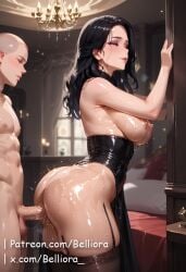 1boy 1girls against_wall ai_generated anal belliora bimbo bimbo_body black_hair breasts bubble_butt choker cum cum_in_pussy female fucked_from_behind gigantic_breasts huge_ass huge_breasts long_hair male sex sex_from_behind standing_sex the_witcher_(series) white white_female yennefer