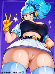 ai_generated ass big_ass big_breasts bottom_view brawl_stars breasts chest female hand_on_hip huge_ass huge_breasts huge_hips huge_thighs human human_female janet_(brawl_stars) light-skinned_female light_skin lumilover222 navel peace_sign pussy short_skirt smile solo solo_female thick_thighs thighs tight_clothing upskirt