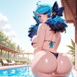 ahoge ai_generated ass ass_focus back backboob bare_shoulders bikini black_bikini black_bow blue_bikini blue_eyes blue_hair blurry blurry_background blush bow breasts closed_mouth day drill_hair female from_behind green_eyes gwen_(league_of_legends) hairbow huge_ass large_breasts league_of_legends long_hair looking_at_viewer looking_back micro_bikini multicolored_hair outdoors pool septerna shiny_skin skindentation smile solo swimsuit thong thong_bikini twin_drills twintails wading water wet