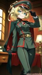 ai_generated anime_style blonde_hair blue_eyes cape confident_expression detailed_background gloves high_detail indoor kinkyfuel lamp military_hat military_uniform official_outfit sharp_eyes short_hair standing_pose tanya_degurechaff uniform wooden_furniture youjo_senki