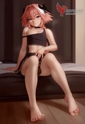 1boy 2d ai_generated ass bangs bare_shoulders barefeet big_ass black_bow bow braid bulge crossdressing crossdressing_male erection erection_under_clothes erophoenix feet full_body long_hair looking_at_viewer looking_back male male_focus multicolored_hair navel nude oerba_yun_fang otoko_no_ko pale_skinned_male patreon_username penis pink_hair purple_eyes single_braid smile soles solo solo_male spread_legs streaked_hair sweat thick thick_thighs toes uncensored underwear