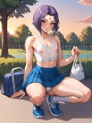 ai_generated asking_for_it femboy genderswap gym_bag inviting inviting_to_fuck park raven_(dc) see-through_clothing skirt skirt_lift skirt_up sports_bra sunset sweat sweatdrop sweating sweaty_body teen_titans tennis_uniform