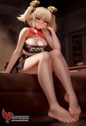1girls 2d ai_generated ass back bangs bare_shoulders barefoot big_ass big_breasts black_panties blonde_hair burnice_white cleavage dress erophoenix feet female female_focus full_body long_hair looking_at_viewer navel pale_skin pale_skinned_female panties patreon_username red_eyes sitting skirt smile soles solo sports_bra thick thick_thighs toes twintails uncensored underwear zenless_zone_zero