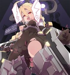 ahoge blazblue blonde_hair bodysuit braid breasts cameltoe female infraton lambda-11 mecha_musume red_eyes single_braid solo thighhighs torn_clothes very_long_hair