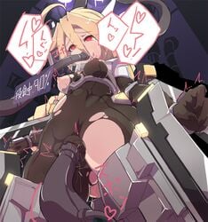 ahoge blazblue blonde_hair bodysuit braid breasts female infraton lambda-11 mecha_musume oral red_eyes single_braid solo text thighhighs torn_clothes vaginal_penetration very_long_hair