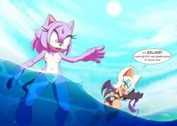 anthro areola arts_eidolon ass assisted_exposure bat bikini bikini_bottom bikini_removed bikini_top blaze_the_cat blush breasts clothed clothing clothing_theft dialogue digital_media_(artwork) domestic_cat duo embarrassed english_text eyeshadow feet felid feline felis female fur genitals hair hairy_vulva half-closed_eyes handwear hi_res holding_bikini holding_clothing holding_object holding_swimwear makeup mammal membrane_(anatomy) membranous_wings narrowed_eyes navel nipples nude open_mouth outdoor_nudity outside partially_submerged purple_body purple_fur pussy rouge_the_bat sea sega sonic_(series) sonic_the_hedgehog_(series) speech_bubble stealing swimwear swimwear_removed swimwear_theft tail teeth text toes two-piece_swimsuit vulva water wings