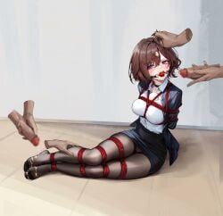 absurdres arms_behind_back ball_gag black_choker black_pantyhose blazer bondage bound bound_arms bound_legs breasts brown_hair censored choker collarbone collared_shirt cum cum_on_body cum_on_hair facial gag gagged highres higuchi_madoka idolmaster jacket kumachi_(aikawaakeya) medium_breasts mosaic_censoring office_lady pantyhose pencil_skirt pink_eyes restrained shibari_over_clothes shirt short_hair sitting skindentation skirt teeth upper_teeth_only white_shirt