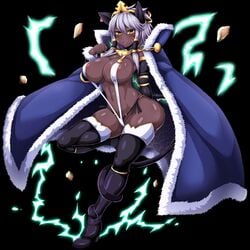 animal_ears areolae black_legwear blue_cape boots cape dark-skinned_female dark_skin female full_body looking_at_viewer monaka_(gatinemiku) monster_girl navel revealing_clothes solo swimsuit tagme tail thighs tokyo_tenma_devil_prison white_hair wide_hips yellow_eyes