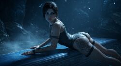 3d 3d_(artwork) 3d_model ai_generated ass ass_focus hips hot_spring lara_croft lara_croft_(survivor) legs leshay7 ponytail pose prone_bone tomb_raider tomb_raider_(survivor)