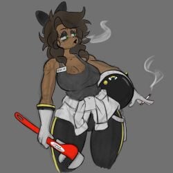 aged_up alternate_breast_size crop_top female female_only large_breasts milf murder_drones rhizu rhizudraws smoking tessa_elliot wrench
