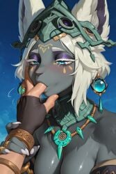 :>= ai_generated animal_ears blue_eyes blush earrings eyeshadow finger_in_another's_mouth fingerless_gloves fingernails furry furry_female grey_fur large_breasts long_eyelashes mineru necklace parted_bangs plopendil short_hair sucking sucking_fingers tears_of_the_kingdom the_legend_of_zelda white_eyebrows white_eyelashes white_hair zonai