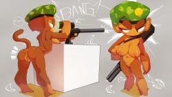 anthro anus areola ass beret beret_only big_breasts bloons_tower_defense breasts brown_body brown_eyes brown_fur clothing eyebrows female front_view fur genitals green_beret grey_background gun haplorhine hat hat_only headgear headgear_only headwear headwear_only mammal monkey monkey_girl mostly_nude navel ninja_kiwi nipples nude onomatopoeia orange_areola orange_body orange_fur orange_nipples primate pussy ranged_weapon rear_view rifle sachsech205 simple_background sniper_monkey_(bloons) sniper_rifle solo sound_effects text thick_eyebrows weapon wide_hips