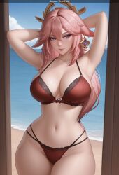 1female ai_generated big_breasts big_hips bra breasts female female_only front_view genshin_impact hand_on_head hoyoverse long_hair mature_female mature_woman medium_breasts mihoyo panties pink_hair purple_eyes secret_room12 shiny_skin stable_diffusion standing video_game video_game_character video_games yae_miko
