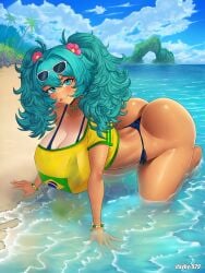 1girls all_fours alternate_version_available armwear ass bent_over big_ass big_breasts bikini bikini_bottom bikini_top bottomwear brazilian brazilian_miku breasts crop_top dayby female female_only flower flower_in_hair hair hair_ornament hatsune_miku headwear huge_ass huge_breasts looking_at_viewer neckwear pearl_necklace smile solo solo_female sunglasses sunglasses_on_head teal_eyes teal_hair tongue tongue_out topwear twintails vocaloid water