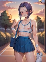 ai_generated asking_for_it athletic femboy femboy_focus femboy_only g-string genderswap gym_bag inviting inviting_to_sex raven_(dc) see-through skirt skirt_lift sports_bra sunset sweat sweatdrop sweating sweaty sweaty_body teen_titans tennis_uniform walking wet_clothes wet_skin white_panties