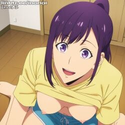 1girls ai_generated blue_shorts breasts female inoriai light-skinned_female light_skin nipples purple_hair shirt_lift shorts solo_leveling sung_jin-ah yellow_shirt