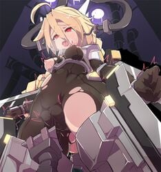 ahoge blazblue blonde_hair bodysuit braid breasts cameltoe female infraton lambda-11 mecha_musume red_eyes single_braid solo thighhighs torn_clothes very_long_hair