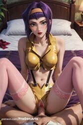 1boy 1boy1girl 1girls ai_generated artist_name bare_shoulders bed bow breasts clitoris clothed_sex collarbone cowboy_bebop crop_top faye_valentine green_eyes hairband hi_res indoors knees_up lips lipstick looking_at_viewer m_legs makeup male_pubic_hair medium_breasts midriff navel on_bed patreon_username penis pillow pink_thighhighs pov progenarts pubic_hair purple_hair pussy red_bow red_bowtie red_lips sex short_hair short_shorts shorts sitting solo_focus spread_legs stomach straight suspender_shorts suspenders thighhighs uncensored vaginal_penetration vaginal_penetration vaginal_sex web_address yellow_hairband yellow_shirt yellow_shorts