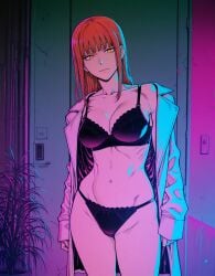 1girls ai_generated athletic_female black_bra black_panties black_underwear bra chainsaw_man coat female fit_female makima_(chainsaw_man) obliques panties red_hair solo toned_female underwear yellow_eyes zloimakak