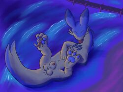2025 animal_genitalia animal_penis anthro anus back_spikes beach blep blue_body blue_fur blue_markings boxers_(clothing) boxers_only canid canine canine_genitalia canine_penis canis cheek_tuft chillet closed_eyes clothed clothing detailed_background digital_media_(artwork) docks doomboggy duo facial_tuft feet foot_fetish foot_lick foot_play full-length_portrait fur genitals hi_res hug krita_(artwork) licking licking_paws lying macro male mammal markings mustelid navel night nude on_back pal_(species) palworld partially_clothed pawpads paws penis pocketpair portrait shaded sheath size_difference spikes spikes_(anatomy) tail tailbutt tongue tongue_out topless tuft underwear underwear_only water white_body white_fur wolf