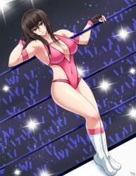 alluring big_breasts brown_eyes brown_hair cleavage female kusumaoka leotard sekai_de_ichiban_tsuyoku_naritai! toyota_misaki wrestling_outfit wrestling_ring