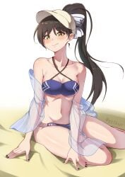 bare_arms bare_belly bare_legs bare_shoulders bare_thighs belly_button bikini black_hair black_nails blue_bikini blush body_blush breasts cleavage closed_mouth collarbone criss-cross_halter hair_ribbon hat hazuki_ren high_ponytail long_hair love_live! love_live!_superstar!! medium_breasts nail_polish ponytail shiny_skin sitting smile thighs yellow_eyes yzlkun