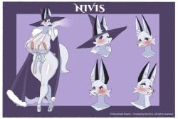 2d 2d_(artwork) 2d_artwork bewitched_hearts bikini bikini_bottom bikini_top black_eyeshadow black_lipstick cape character_name character_sheet copyright_name expressions eyeshadow fox fox_ears fox_girl fox_tail foxgirl furry furry_female furry_only glitter grinning happy high_heels lipstick nivis_(bewitched_hearts) pinup pussy_peek red_eyes revifrry shiny shiny_bikini surprised tagme white_fox witch witch_hat