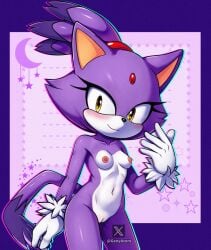 accessory anthro areola blaze_the_cat breasts crescent_moon domestic_cat felid feline felis female front_view fur genitals genyacero head_jewel headband hi_res mammal moon navel nipples nude nude_anthro nude_female purple_body purple_fur pussy sega small_breasts smile solo sonic_(series) sonic_the_hedgehog_(series) tail