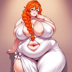 ai_generated bbw bikini braided_hair chubby flamme_(sousou_no_frieren) gown huge_breasts illustrious_(stable_diffusion) large_areolae orange_hair plump red_hair sousou_no_frieren white_gown wide_hips yokkora_(style)