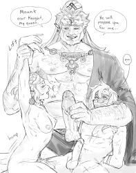 1girls 2boys arm_grab arms_tied_behind_back blush both_sexes_in_same_situation english_text erect_penis gagged ganondorf humping humping_leg imminent_cuckold imminent_sex link nude nude_female nude_male ridinrapids size_difference sweat tagme the_legend_of_zelda zelda_(breath_of_the_wild)