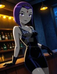 2025 ai_generated bar_(place) black_dress black_eyebrows black_gloves cartoon_network dc dc_comics deviantart elryusam forehead_jewel golden_headband grey_body grey_cheeks grey_lipstick grey_skin jewel_on_forehead meta not_porn purple_eyes purple_hair_female raven_(teen_titans) teen_titans vintage_clothing white_collar