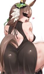 absurdres animal_ears ass back black_dress blindfold breasts brown_hair dress female hermityy highres horse_ears horse_girl horse_tail object_insertion open_mouth satono_diamond_(umamusume) sex_toy solo squatting tail tongue tongue_out umamusume