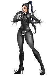 bdsm_gear bdsm_outfit belladonna_marie_concherto bodysuit cat_o'_nine_tails dominatrix heels high_heels latex shivaii spikes thrill_kill whip