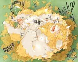 1boy arm_hair asgore_dreemurr bara beard belly biceps blonde_hair blush closed_eyes completely_nude cum cum_on_body cum_on_penis ejaculation english_commentary erection facial facial_hair floppy_ears flower furry furry_male heart highres horns leg_hair lying male_focus navel nipples nude oerba_yun_fang on_grass open_mouth pectorals penis plump pubic_hair skin_fang sound_effects tusskor undertale white_fur