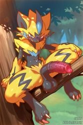 animal_genitalia animal_penis anthro balls big_penis blush bodily_fluids bundefault cum digital_media_(artwork) equine_genitalia equine_penis erection felid fur generation_7_pokemon genital_fluids genitals hair hi_res humanoid_genitalia humanoid_penis hybrid_genitalia hybrid_penis legendary_pokemon looking_at_viewer male mammal nintendo nude penile_spines penis pokemon pokemon_(species) smile solo yellow_body yellow_fur zeraora