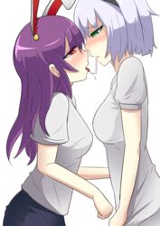 2girls after_kiss bob_cut bunny_ears bunny_girl danraz0r female female_only highres lavender_hair long_hair red_eyes reisen_udongein_inaba saliva saliva_string short_hair simple_background touhou white_hair youmu_konpaku yuri