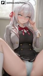 ahoge ai_generated alisa_mikhailovna_kujou big_breasts blush breasts female female_only hair_ribbon looking_at_viewer panties sitting skirt socks spread_legs tokidoki_bosotto_russian_de_dereru_tonari_no_alya-san trugprz uniform